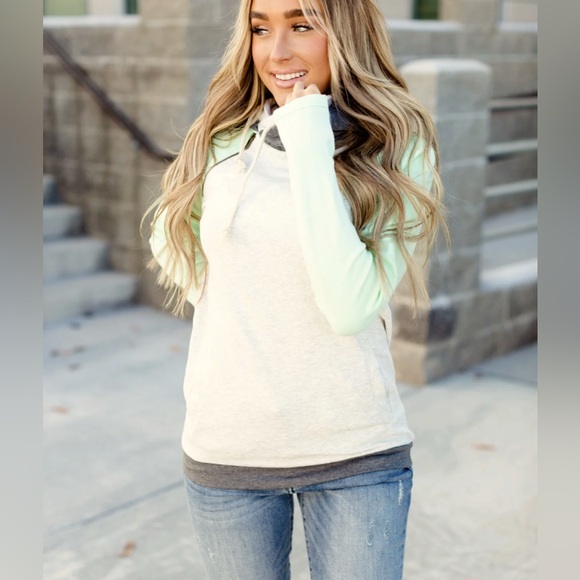 AMPERSAND AVE Baseball DoubleHood Sweatshirt Hoodie Mint and Gray Size Large - Picture 3 of 10